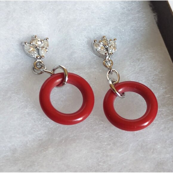 Women's 925 Sterling Silver Stud Earrings  with  Blood Orange Onyx & CZ NEW - Picture 1 of 9
